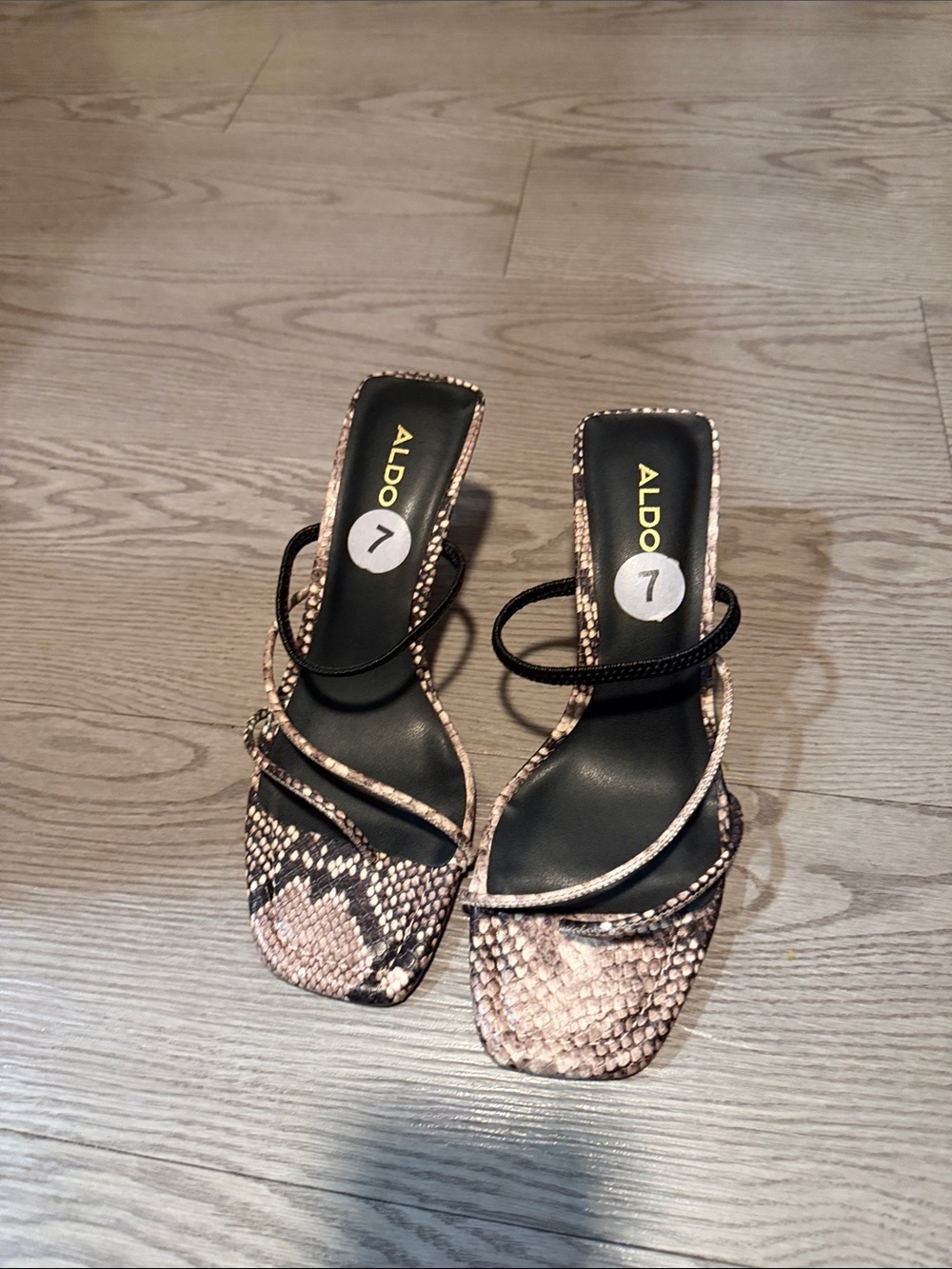 ALDO Women's Snake-Print Strappy Heeled Sandals in Beige and Black